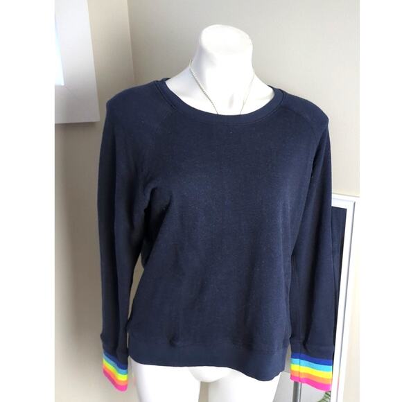 Sundry Anthropologie  Navy Blue Crew Sweatshirt Rainbow Cuffs Size 3 LARGE 10/12 - Picture 1 of 16